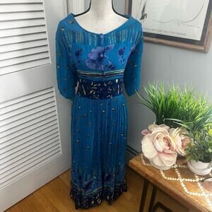 Vintage CLASS Womens Dress Large Blue Crinkle Maxi Bohemian Artsy Festival 90s